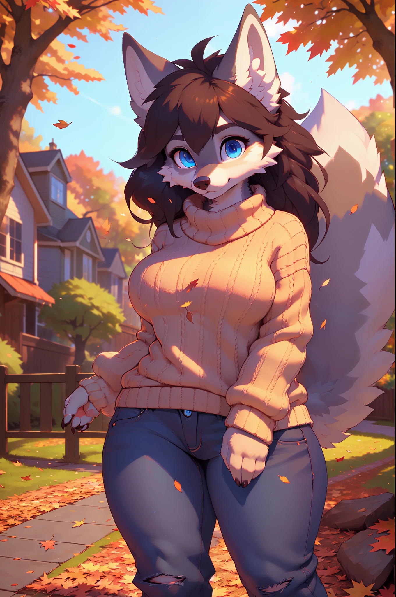 uploaded on e621, 3d, cutesexyrobutts, hioshiru, female, solo, wolf, large fluffy tail, backyard setting, autumn, falling leaves, windy, large breasts, thick thighs, wide hips, three-quarter portrait, closeup, (cozy sweater, jeans), ((deailed blue eyes))