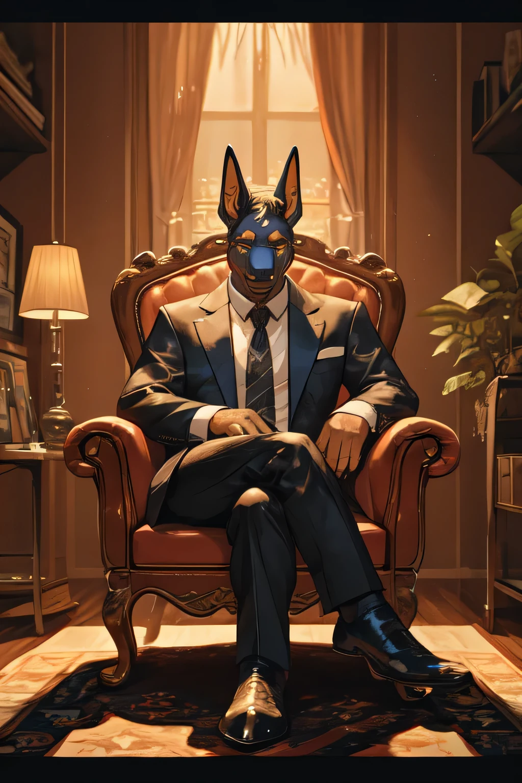 An old anthro Anubis and a mafia boss sitting in an armchair with crossed legs、Vintage Sepia Photography