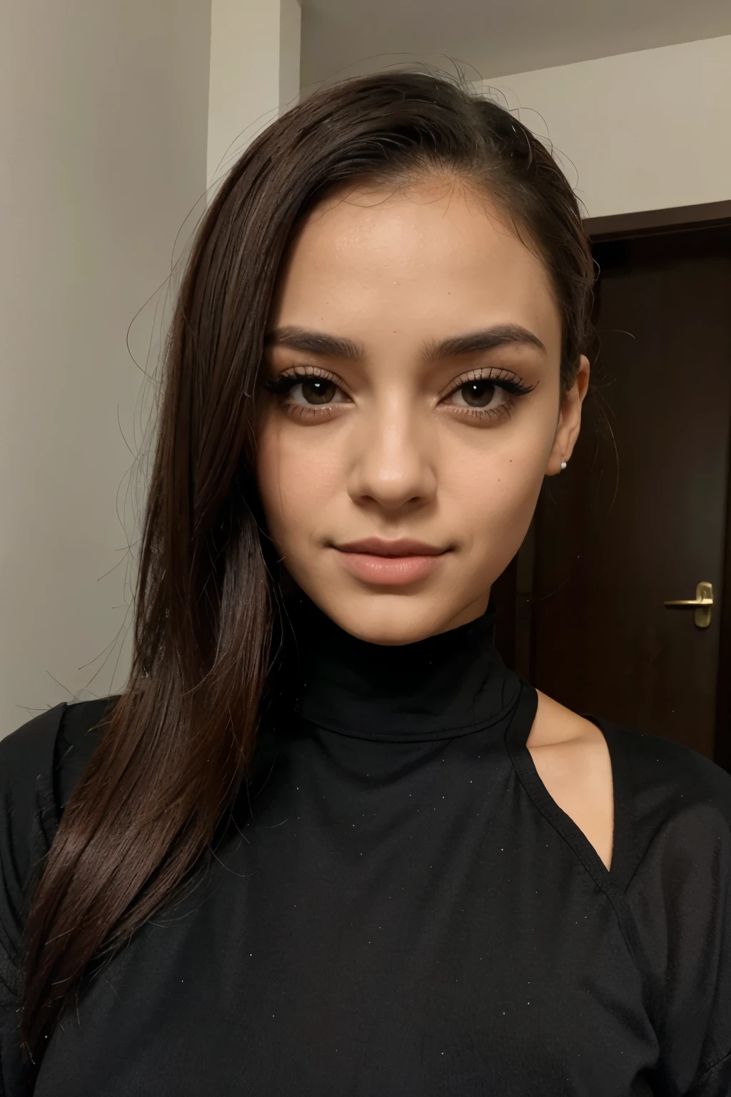 Mulher, otome, pelada com cabelo preto e olhos vermelhos