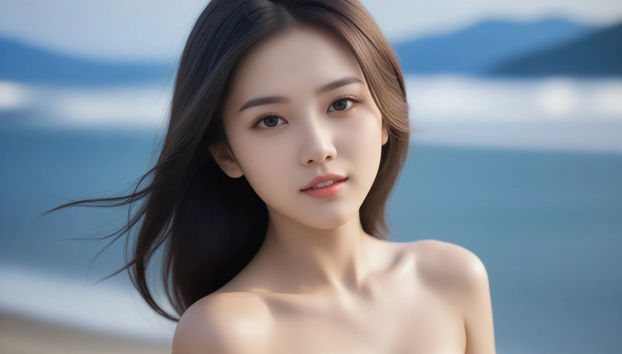 8k, Ultra-high resolution, highest quality, masterpiece, Surreal, photograph, 1 girl, (:1.3), pretty girl, Cute Face, Beautiful eyes in every detail, 細かくdetailedに,masterpiece,, One Girl:1.2, Japan Female Announcer、(One Girl、Sexy Model、Beauty Idol)、Black Hair、Glowing Skin、((Lesbians all over、Perfect Body、Miracle Body))、Liberation of mind and body、(cloudy、The wind is blowing、The sun peeks through the gaps in the clouds),yeah、芸術photograph、Gentle scenes、プロのphotograph撮影,Bold Pose,Looking at the audience、beauty,Long neck、Laugh a little、Please close your mouth and laugh、(((Ideal body type))),A cup small breasts :2,、Portraiture:2、Perfect Anatomy、鮮明なdetailed、detailed、Surreal、Light and shadow,Strong light,Fashion magazine cover,Thin lips