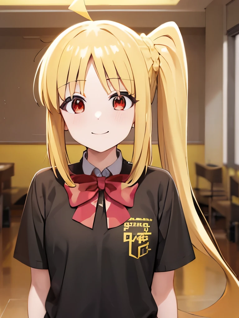 blonde_hair, long_hair, bangs, side_ponytail, look at viewer, ahoge, red_eyes, bow, red_bow, smile mouth, face of happiness