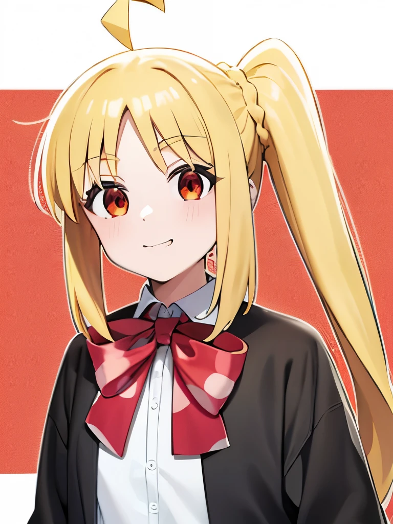 blonde_hair, long_hair, bangs, side_ponytail, look at viewer, ahoge, red_eyes, bow, red_bow, smile mouth, face of happiness 