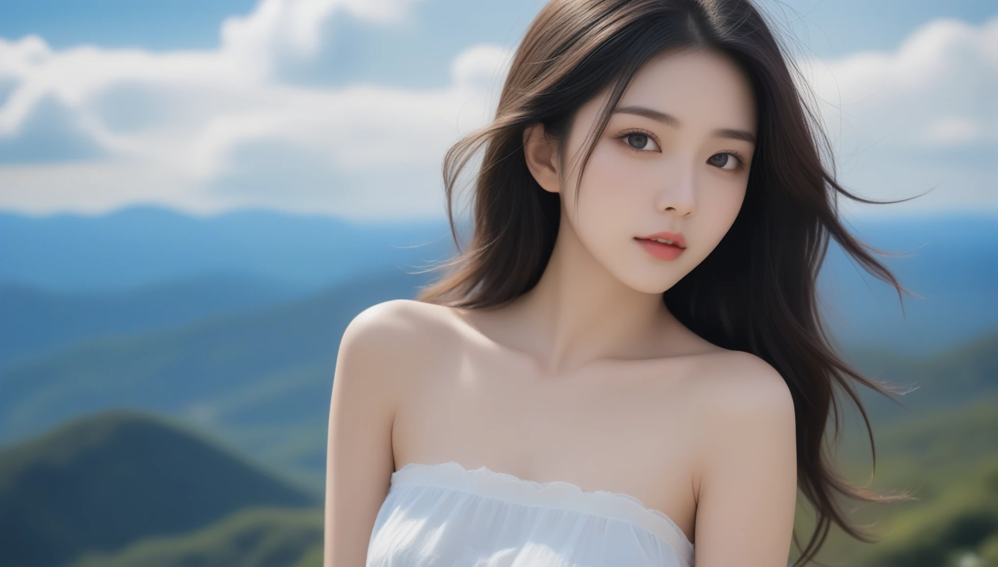 8k, Ultra-high resolution, highest quality, masterpiece, Surreal, photograph, 1 girl, (:1.3), pretty girl, Cute Face, Beautiful eyes in every detail, 細かくdetailedに,masterpiece,, One Girl:1.2, Japan Female Announcer、(One Girl、Sexy Model、Beauty Idol)、Black Hair、Glowing Skin、((Lesbians all over、Perfect Body、Miracle Body))、Liberation of mind and body、(cloudy、The wind is blowing、The sun peeks through the gaps in the clouds),yeah、芸術photograph、Gentle scenes、プロのphotograph撮影,Bold Pose,Looking at the audience、beauty,Long neck、Laugh a little、Please close your mouth and laugh、(((Ideal body type))),A cup small breasts :2,、Portraiture:2、Perfect Anatomy、鮮明なdetailed、detailed、Surreal、Light and shadow,Strong light,Fashion magazine cover,Thin lips