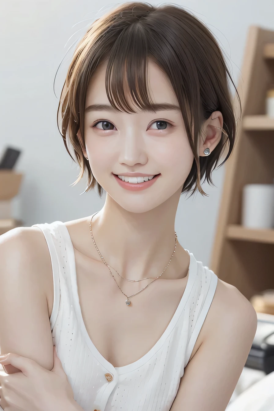 205 ((short hair)), 20-year-old female, In underwear、Put a cardigan over your shoulders、 A refreshing smile、Open your mouth、Beautiful teeth alignment、Black Hair、ear piercing、Necklace around the neck、