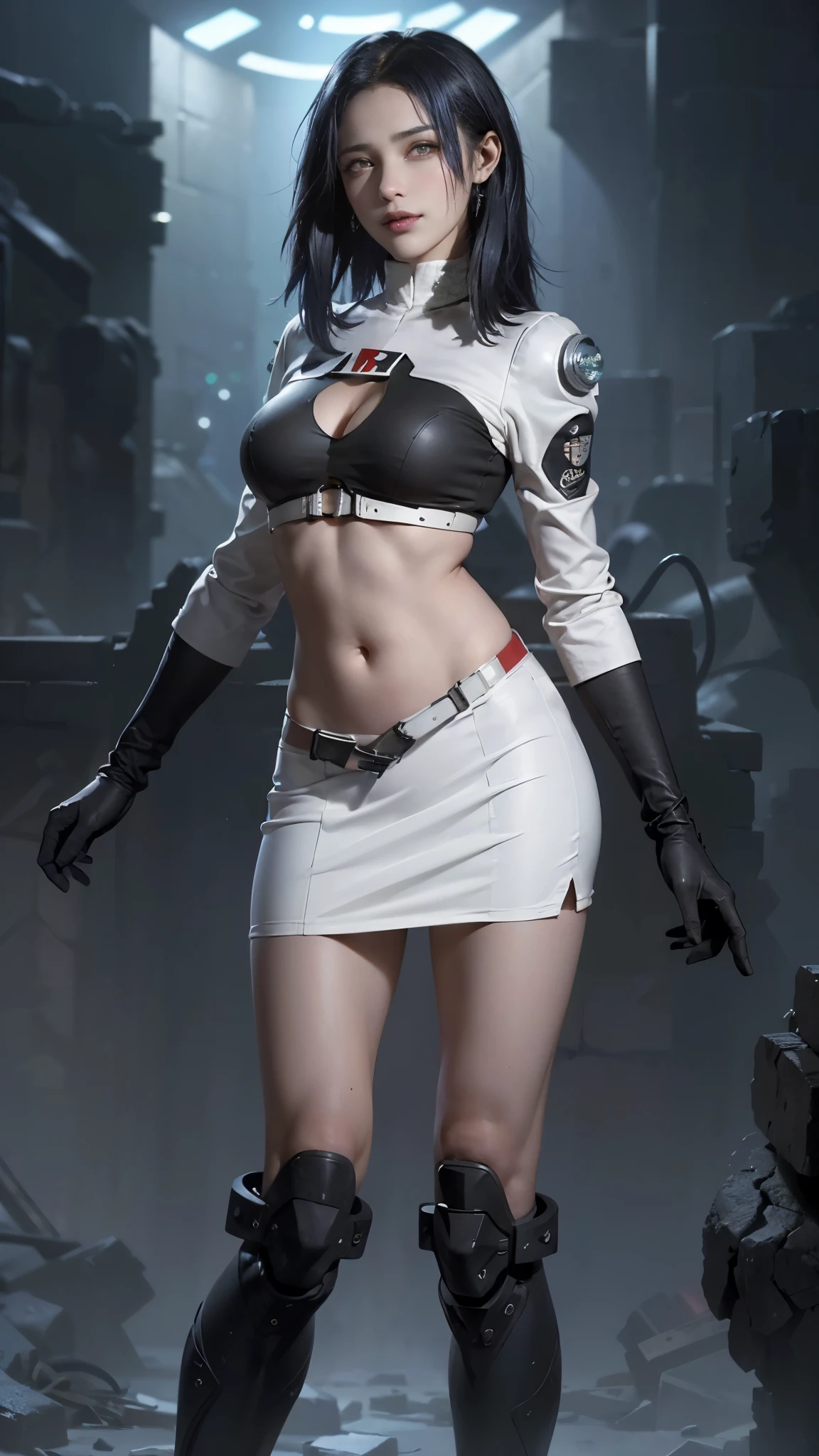 (La mejor calidad,A high resolution,Ultra - detallado,actual),team rocket,(cabello rojo corto :1.4), (team rocket uniform:1.4) , red letter R, (white skirt:1.4) ,(white crop top:1.4) ,black thigh-highs, (black elbow gloves:1.4) ,,(Fondo de ruinas de mazmorra en ruinas cyberpunk :1.4 ), (Team Rocket Uniform:1.4), (Team Rocket Uniform V2.1), More detailed 8K.motor irreal:1.4,UHD,La mejor calidad:1.4, fotorrealista:1.4, textura de la piel:1.4, obra maestra:1.8,obra-prima, mejor calidad,objeto Objeto], (detailed face features:1.3),(Las proporciones correctas),(Ojos hermosos azules),  (dynamic cowboy pose), (perfect anatomy :1.4), (colores brillantes), ,(Fondo de ruinas de mazmorra en ruinas piedras grandes cyberpunk :1.4 ), (cinematic lighting :1.4) 