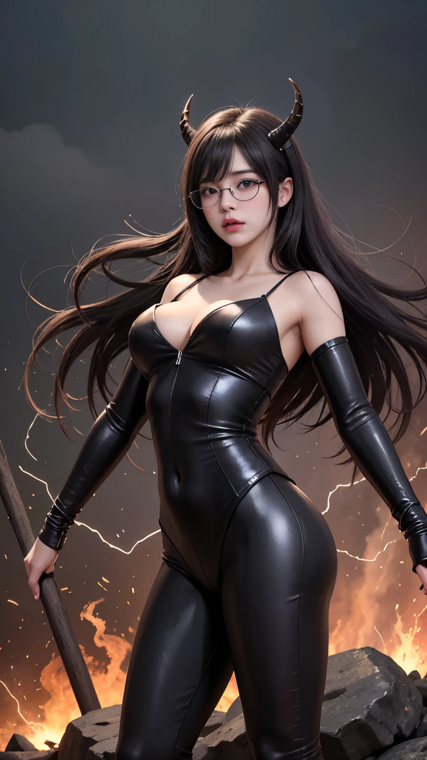 background(Black Night Sky,Big Moon),Woman close up,Wearing a white shirt、Purple Hair,Very long hair,very thick braids,Purple eyes,big 、((((Glasses))))、realistic girl rendering, 8k artistic german bokeh, Enchanting girl, Realistic girl, Gurwitz, Gurwitz-style artwork, Girl Roleplay, Realistic 3D style, cgstation Popular Topics,, 8K Portrait Rendering,(truth,truth:1.4),Wear pink pajamas,巨big ,Sparkling eyes,Purple eyes、(highest quality,4K,8k,High resolution,masterpiece:1.2),Very detailed,(Realistic,photoRealistic,photo-Realistic:1.37),Mythical monster,Beast-like creature,Muscular,Six big legs,Stand like a gorilla,Red fur covering the body,two big horns,Drill teeth,Sharp Claws,Huge shape,Burning Fire Magic,Energy aura,A threatening presence,Glowing Eyes,Intimidating posture,dark environment,Smoke-filled air,Ominous Shadow,Majestic and fierce,Explosive power,Vibrant colors,bold,Horror art style,Moving configuration,Dramatic lighting,Rib Layer,large sharp teeth,Sharp Edges,Very detailedスケール,Burning Crack,Burning Flames,Furious look,Burning with anger,Surrounded by sparks and embers), Scared, dark, spooky, Underwater mist liquid swirling cavity, highest quality, Front view, Satanic, 18 year old asian girl、Liu Wen, Shaved eyebrows, With big black ram horn, , A large snake with slimy tentacles wrapped around its shoulders. Moody and dramatic lighting, Lang Yun, storm, lightning, Smoke and Fog Environment, Fuzzy smoke background, Wide-angle shot, Wide-angle shot, elevation, Extreme angle shot, Vignette, Unrealistic Nightmare,