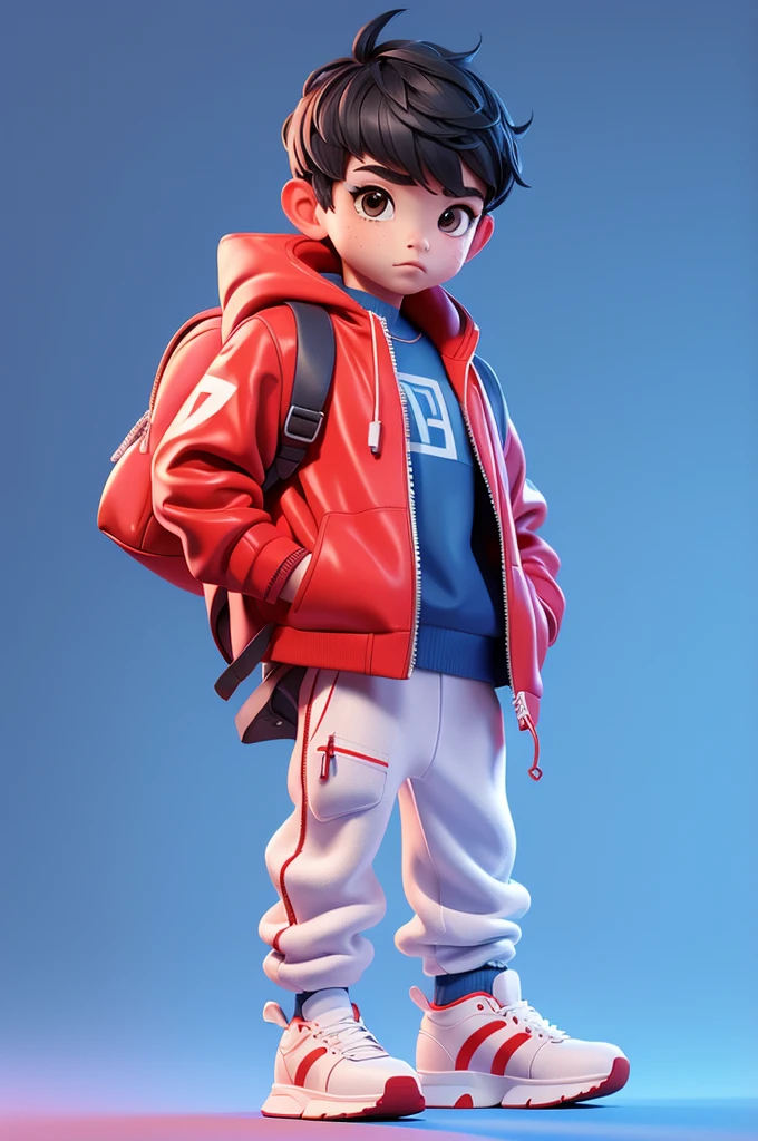 3D Characters,1 boy, Bangs, Black Hair, Brown eyes, Red training pants, White jacket, Backpack, (whole body:1.2),Simple background, masterpiece,best quality,(Blue gradient background:1.1)