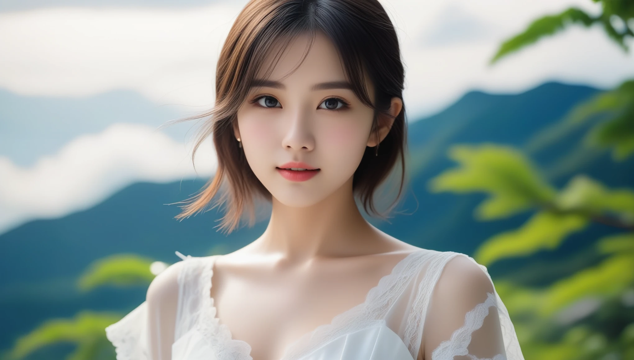 8k, Ultra-high resolution, highest quality, masterpiece, Surreal, photograph, 1 girl, (16 years old:1.3), pretty girl, Cute Face, Beautiful eyes in every detail, 細かくdetailedに,masterpiece,, One Girl:1.2, Japan Female Announcer、(One Girl、Sexy Model、Beauty Idol)、Black Hair、Glowing Skin、((Lesbians all over、Perfect  Body、Miracle Body))、Liberation of mind and body、(cloudy、The wind is blowing、The sun peeks through the gaps in the clouds),yeah、芸術photograph、Gentle scenes、プロのphotograph撮影,Bold Pose,Looking at the audience、beauty,Long neck、Laugh a little、Please close your mouth and laugh、(((Ideal body type))),A cup small breasts :2,、Portraiture:2、Perfect ???????、鮮明なdetailed、detailed、Surreal、Light and shadow,Strong light,Fashion magazine cover,Thin lips