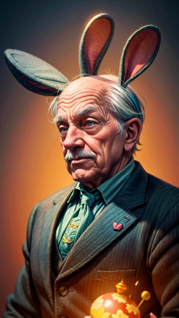 cute rabbit ears,funny old man,whimsical,fantasy,digital illustration,highly detailed,vibrant colors,soft lighting,warm color palette,dynamic composition,award winning art,masterpiece