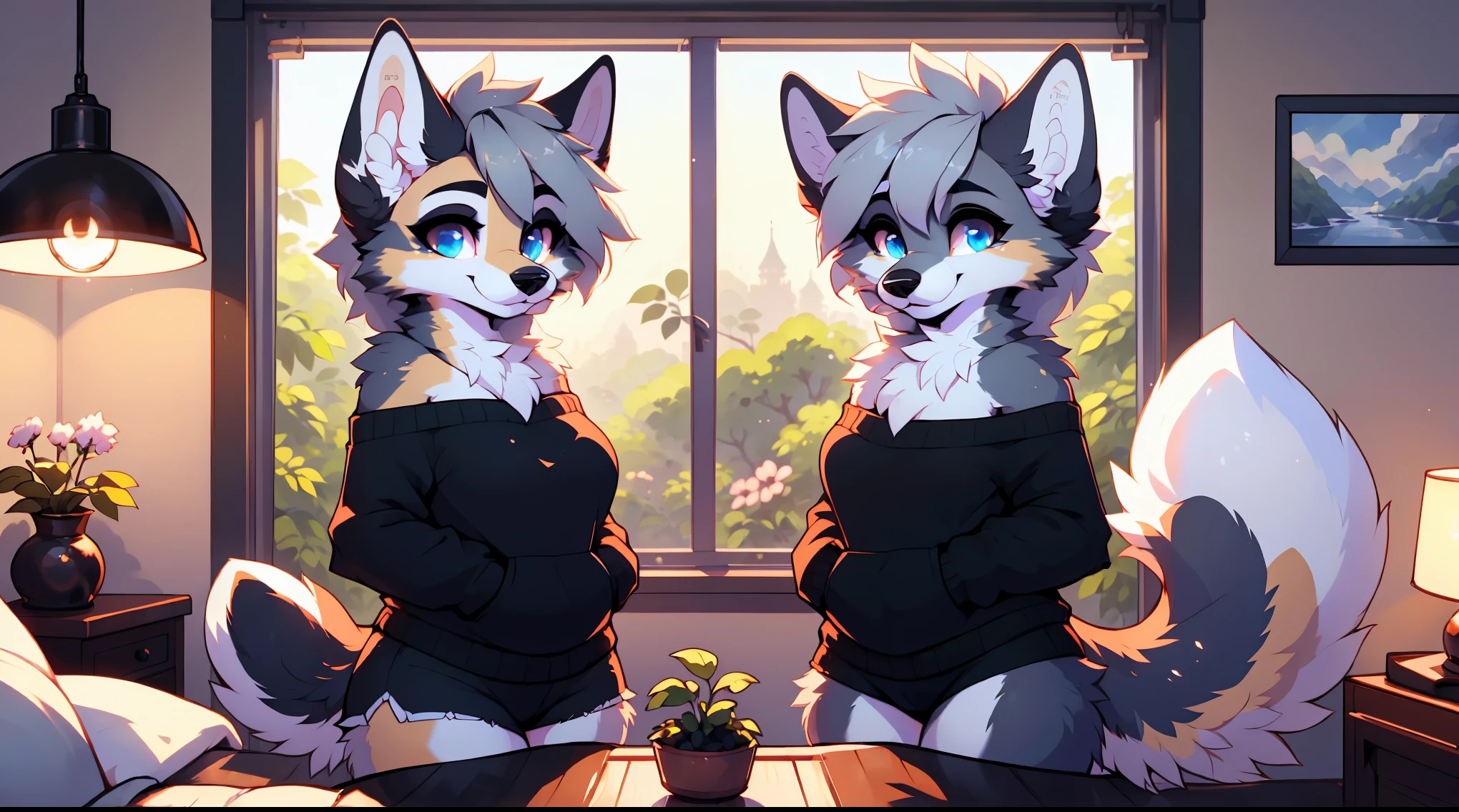 ((by reysi)), ((deailed blue eyes)), Best quality, super detailed illustration, warm colors, Ideal lighting, large breasts, wide hips, wearing large round glasses, (a duo of Fluffy girls Posing for a picture together dog:1.6), (Black fur:1.5) ,cute face, disheveled thick gray hair, short shorts, long black stockings, black long sleeve sweater, in a cosy room, tricky glance , slim, perfect body,
