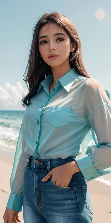 (1 garota:1.3), Sozinho, (((Very rosto detalhado)))), ((Olhos e rosto muito detalhados)))), Lindos olhos detalhados, Partes do corpo__, arte oficial, papel de parede 8k unificado, Super detalhado, lindo and lindo, lindo, Obra de arte, melhor qualidade, original, Obra de arte, foto super fina, melhor qualidade, super high resolution, realismo realista, luz solar, retrato de corpo inteiro, beleza maravilhosa, dynamic pose, rosto delicado, olhos vibrantes, (Da frente), Ela usa traje camisa curta, short jeans curto,esquema de cores preto e verde, flores, fundo de praia muito detalhado, telhado,  rosto detalhado,, Maravilhoso, Leite branco, pele altamente detalhada, Detalhes de pele realistas, visible pores, foco claro, volumetric fog, 8k hd, DSLR, alta qualidade, film grain, Pele clara, photographic realism, Lomografia, futuristic dystopian megalopolis, translucent