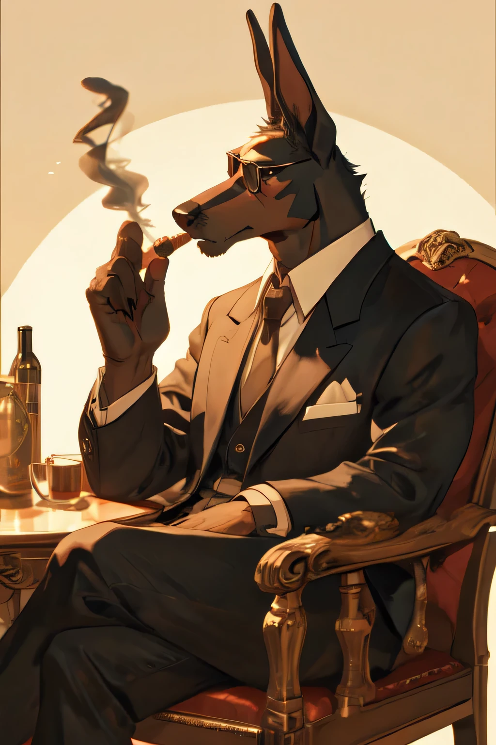 Wear sunglasses、An old anthro Doberman with a cigar and a mafia boss sitting in an armchair with crossed legs、Vintage Sepia Photography