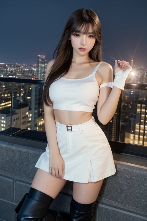 ((Midnight, highest quality, 8k, masterpiece :1.3)), whole body, Long legs, Sharp focus :1.2, Beautiful woman with perfect figure :1.4, Slim Abs :1.1, ((Dark brown hair, Big Breasts :1.2)), (White tight T-shirt, Jean Bib, Are standing:1.2), ((Night city view, rooftop:1.3)), Highly detailed face and skin texture, Fine grain, Double eyelids one girl,highest quality,masterpiece,figure,Very delicate and beautiful,CG,Unity,8k wallpaper,wonderful,In detail,masterpiece,Official Art,Very detailed CG Unity 8k wallpaper,Incredibly absurd,Large file size,Very detailedな,High resolution,Very detailed,Beautiful detailed girl,Realistic,from the front,Outdoor,　suspenders　　　Large swollen breasts　　 　 　　　　Black mini skirt　garter belt　Knee-high socks　　　　　　　bangs 　　　　　Beauty　　Hands up　　 　　Black boots 　　　　one person 　　　Dress shirt　　　Hands Behind Back　put your hands behind your back　　With your hands behind your back　Armament　holster　　A room at the Belt Hotel　Bed　Wall side