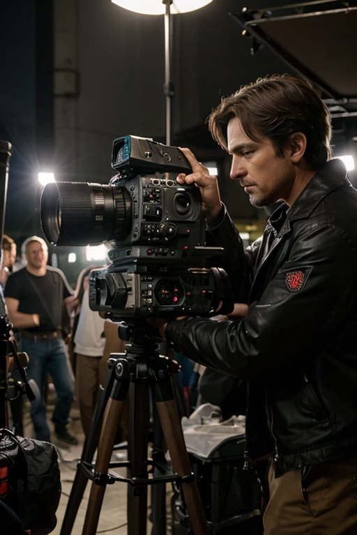 ((best quality)), ((masterpiece)), (detailed). A Hollywood movie crew on set. Cameraman, light crew, assistants, busy set, lots of people.