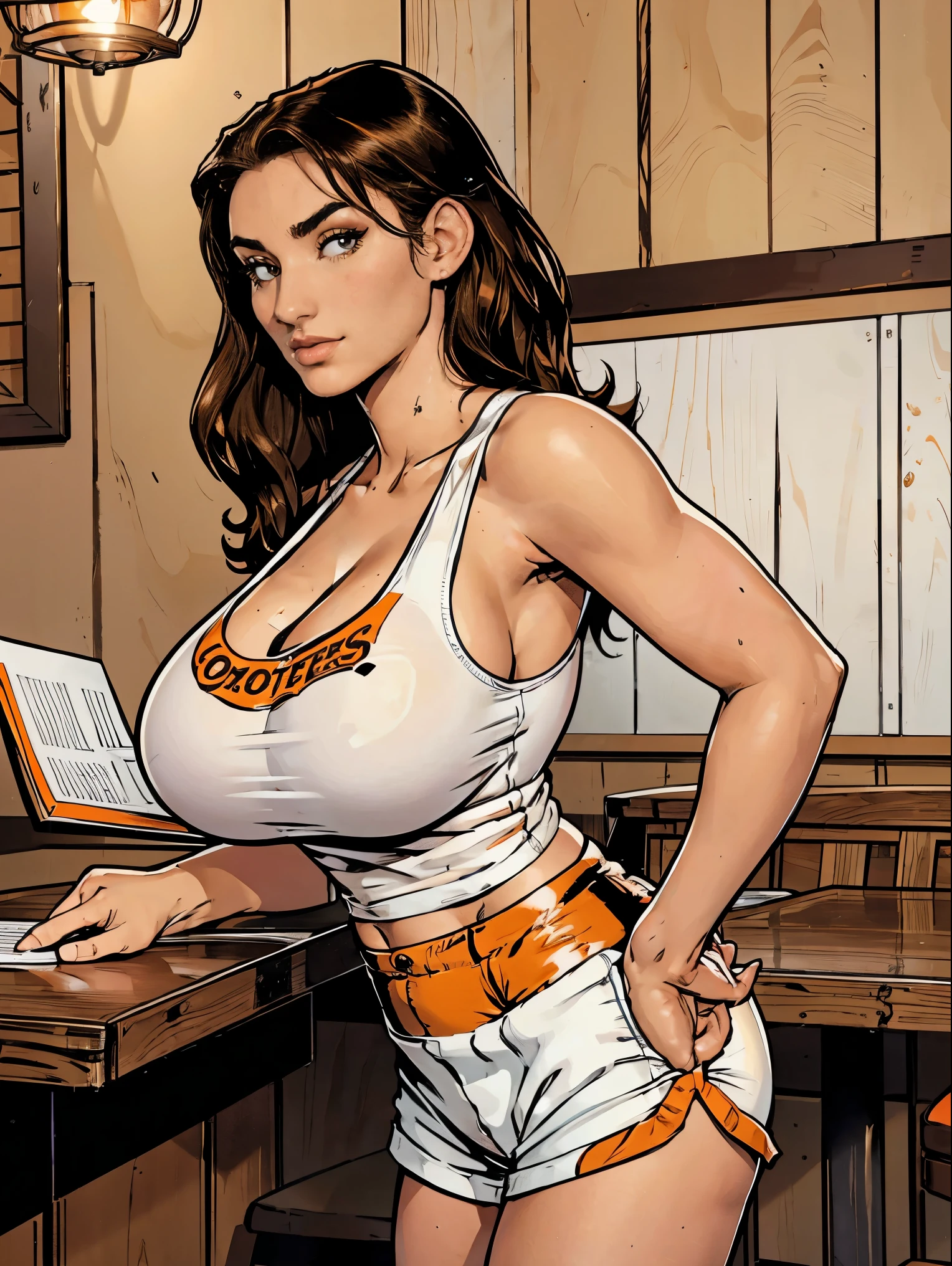 Gorgeous and sultry busty athletic (thin) brunette with sharp facial features and a (large nose) wearing a (Hooters uniform), white tank top, "Hooters", orange minishorts, notepad, restaurant