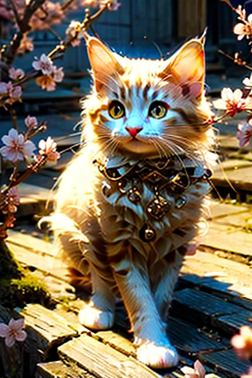 Cat,,standing，Japanese clothing，Cherry blossoms，Sunlight