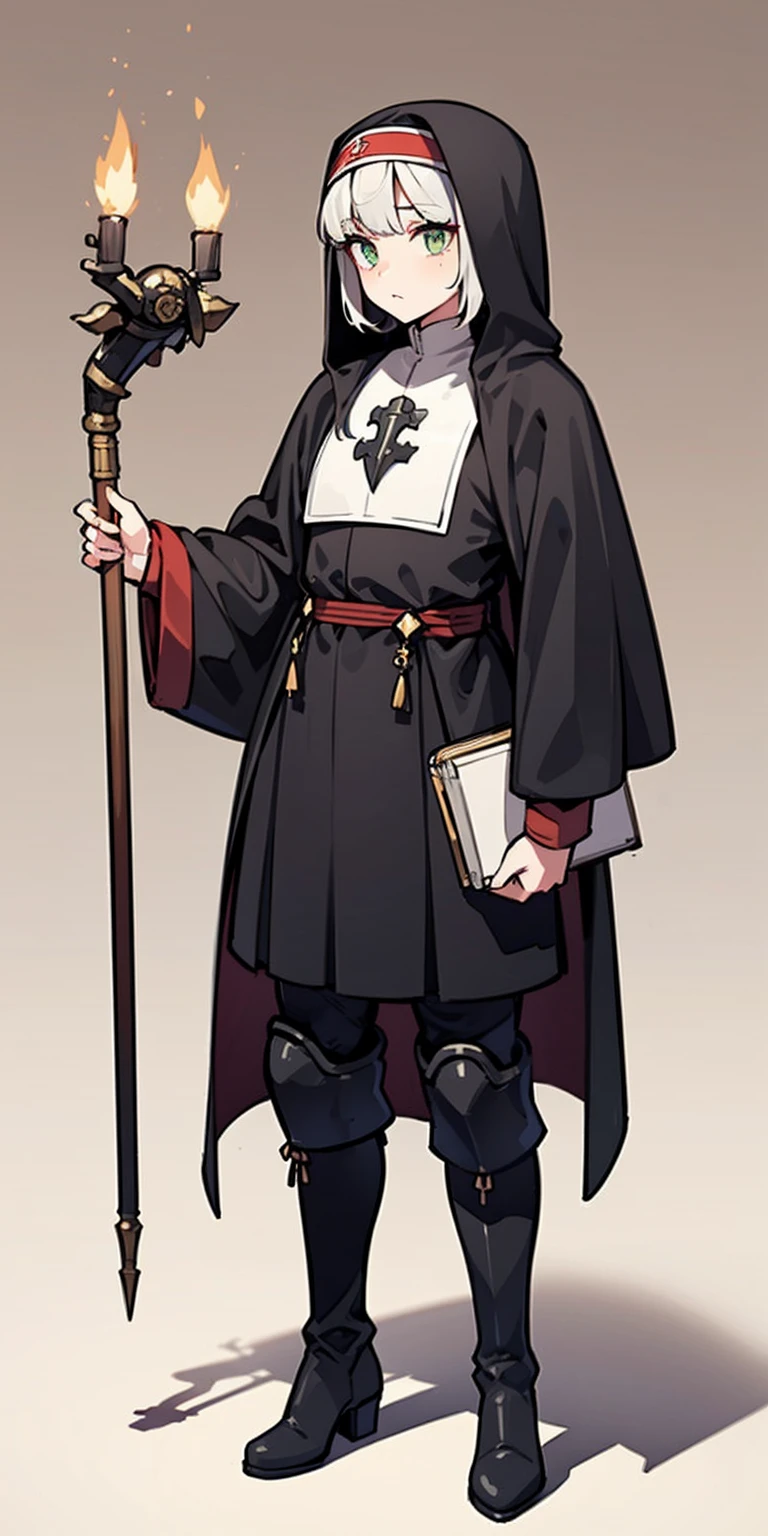 
Masterpiece, best quality, ultra-detailed, anime style, full body of space marine girl, pale gray power armor, Warhammer 40K, nun's headdress, white hair and green eye, held small royal scepter and magic book, wearing raised boots, Glorious light, 8k high resolution, trending art station, white background, whole body, standing burnt churches.