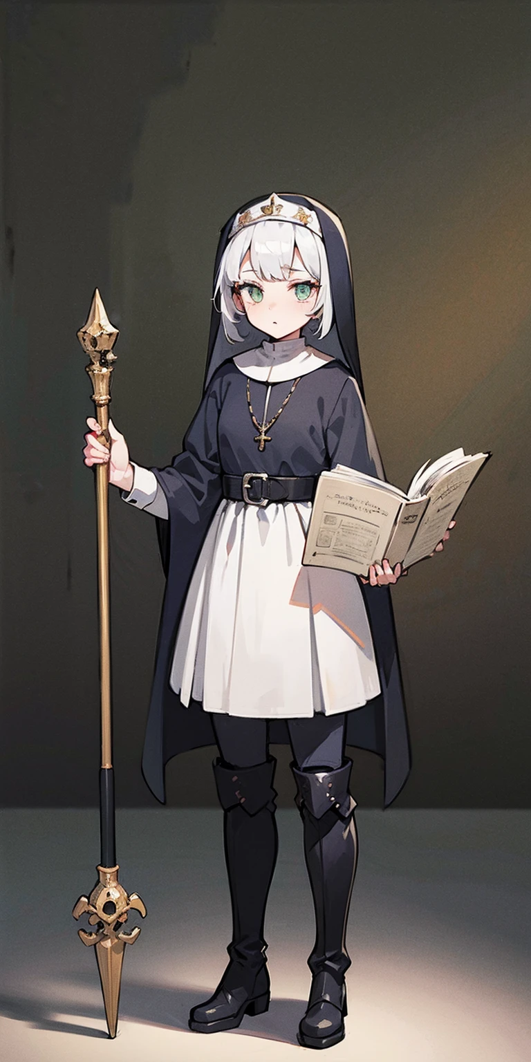 Masterpiece, best quality, ultra-detailed, anime style, full body of space marine girl, pale gray power armor, Warhammer 40K, nun's headdress, white hair and green eye, held small royal scepter and magic book, wearing raised boots, Glorious light, 8k high resolution, trending art station, white background, whole body, standing burnt churches.