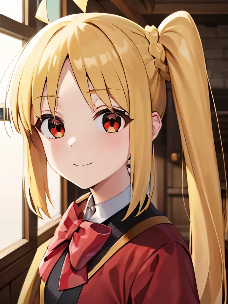 blonde_hair, long_hair, bangs, side_ponytail, look at viewer, ahoge, red_eyes, bow, red_bow, smile mouth, face of happiness 