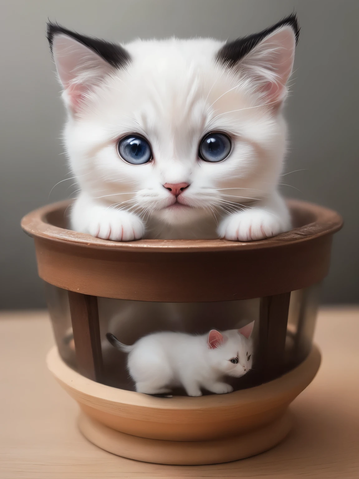 (highest quality,4K,8k,High resolution,masterpiece:1.2),Super detailed,(Realistic,Realistic,Photorealistic:1.37),indoor,Cute black and white siamese kitten,(Mostly white、Only the bridge of the nose is black)、Art Gallery、(Very small kitten)、Random Pause