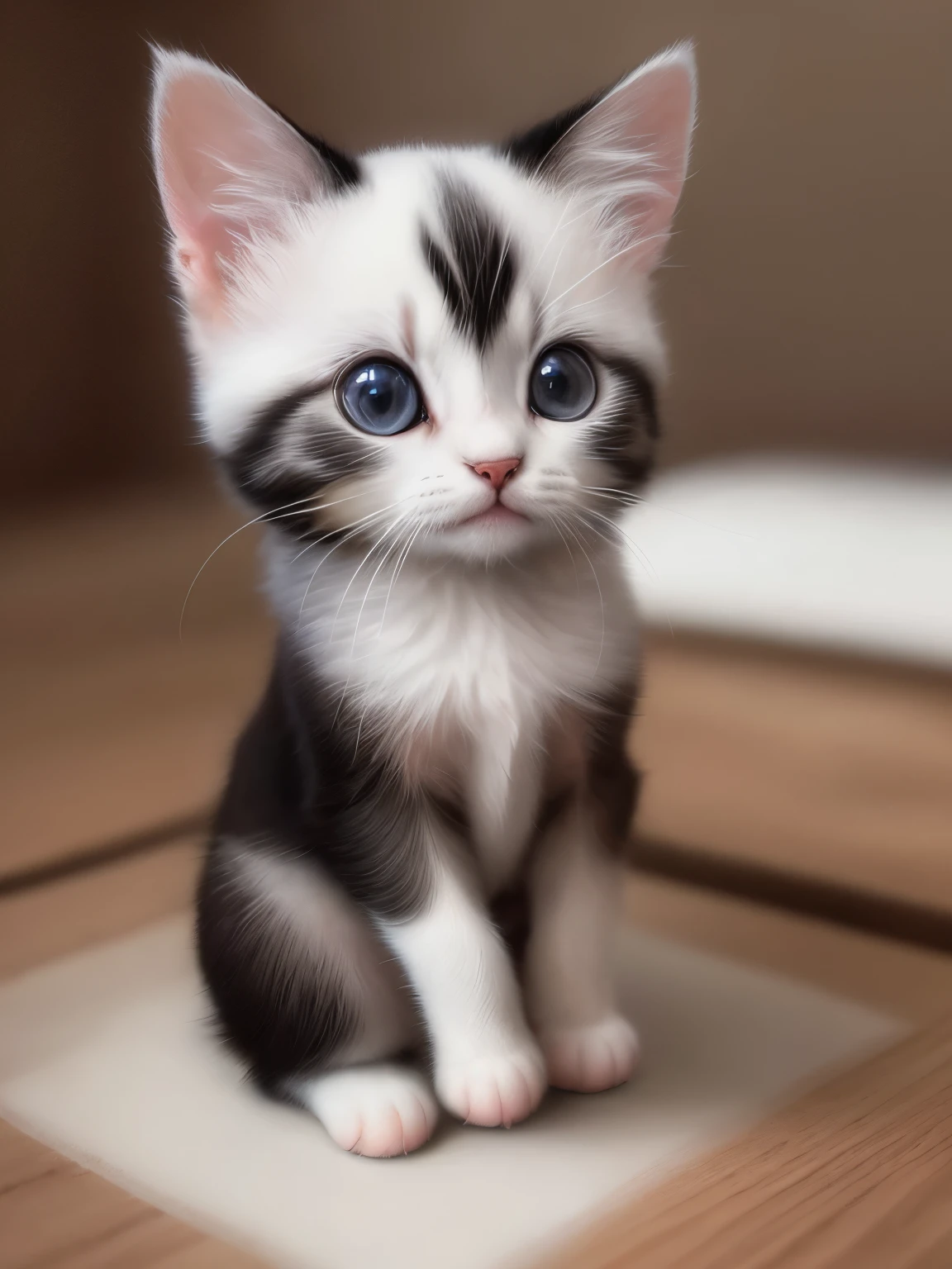 (highest quality,4K,8k,High resolution,masterpiece:1.2),Super detailed,(Realistic,Realistic,Photorealistic:1.37),indoor,Cute black and white siamese kitten,(Mostly white、Only the bridge of the nose is black)、Art Gallery、(Very small kitten)、Random Pause