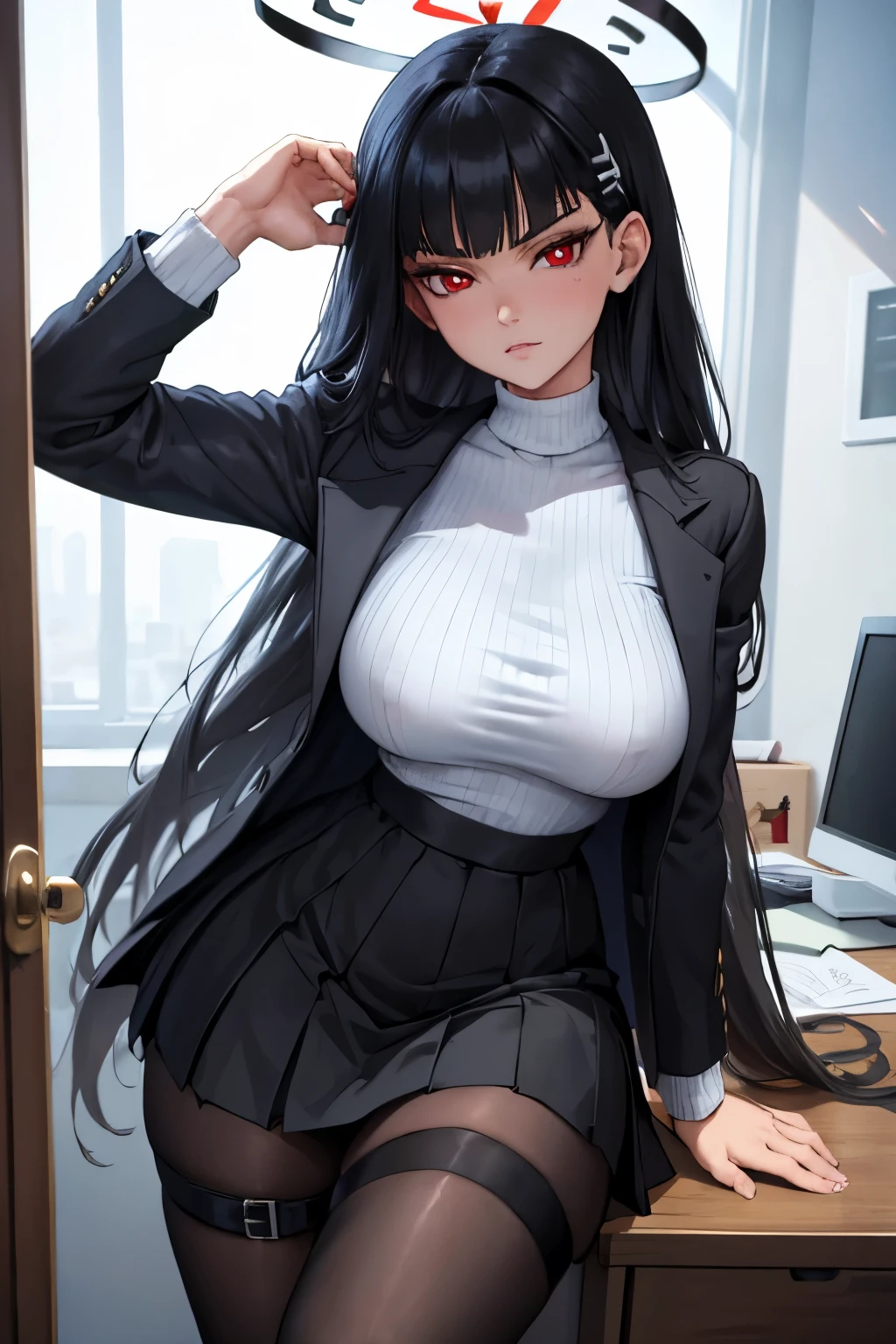 (gratte-ciel), (finely detailed eyes and detailed face:1.3), (extremely fine and beautiful:1.1), (Perfect details:1.1), ((gros seins)), ((jambes grasses)), Blue Archive, Rio Tsukatsuki, black hair, (red eyes:1.5), hair ornament, hairclip, halo, long hair, black jacket, black pantyhose, black skirt, buttoned cuffs, high heels, jacket, long sleeves, office lady, pantyhose, ribbed sweater, skirt, sweater, thigh strap, turtleneck, turtleneck sweater, white sweater,