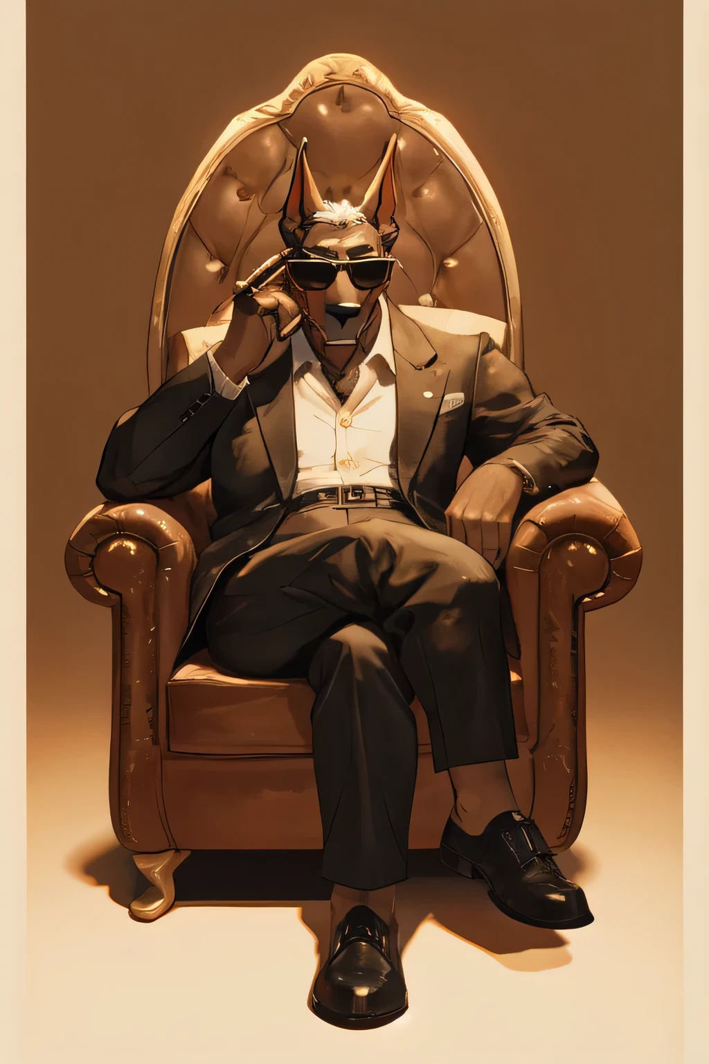 Wear sunglasses、An old anthro Doberman with a cigar and a mafia boss sitting in an armchair with crossed legs、Vintage Sepia Photography