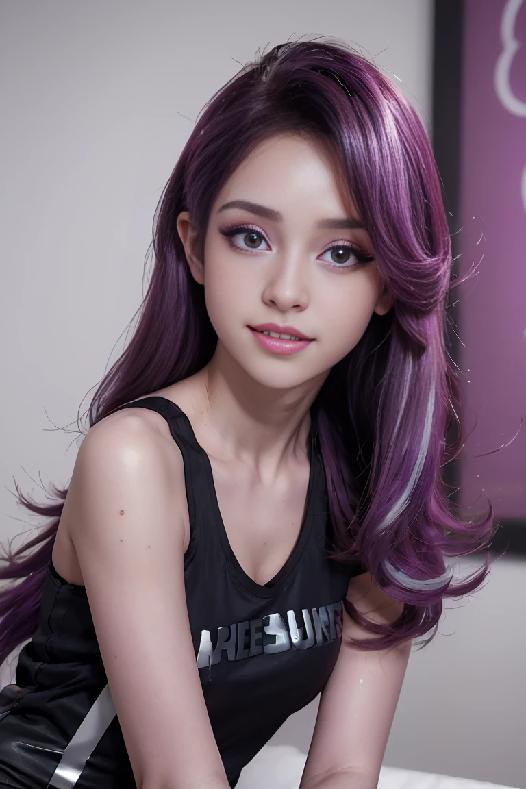 A woman holding a camera and pressing the shutter., I only see your face and the camera., smile,In double eyelids, Purple, red, blue color tone image , Anime style images