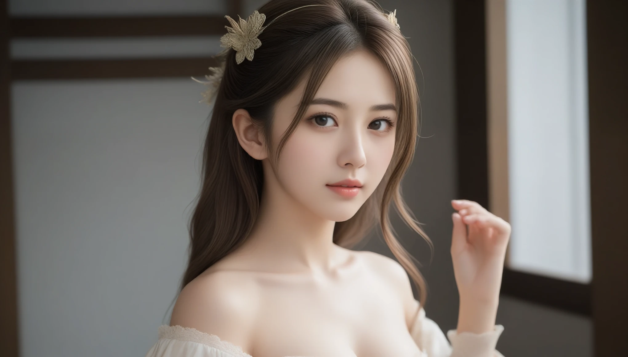 8k, Ultra-high resolution, highest quality, masterpiece, Surreal, photograph, 1 girl, (:1.3), pretty girl, Cute Face, Beautiful eyes in every detail, 細かくdetailedに,masterpiece,, One Girl:1.2, Japan Female Announcer, One beautiful woman, octopath traveler,Bold Pose,Looking at the audience、beauty,Long neck、Laugh a little、Please close your mouth and laugh、(((Ideal body type))),A cup small breasts :2,、Portraiture:2、Perfect Anatomy、鮮明なdetailed、detailed、Surreal、Light and shadow,Strong light,Fashion magazine cover,Thin lips