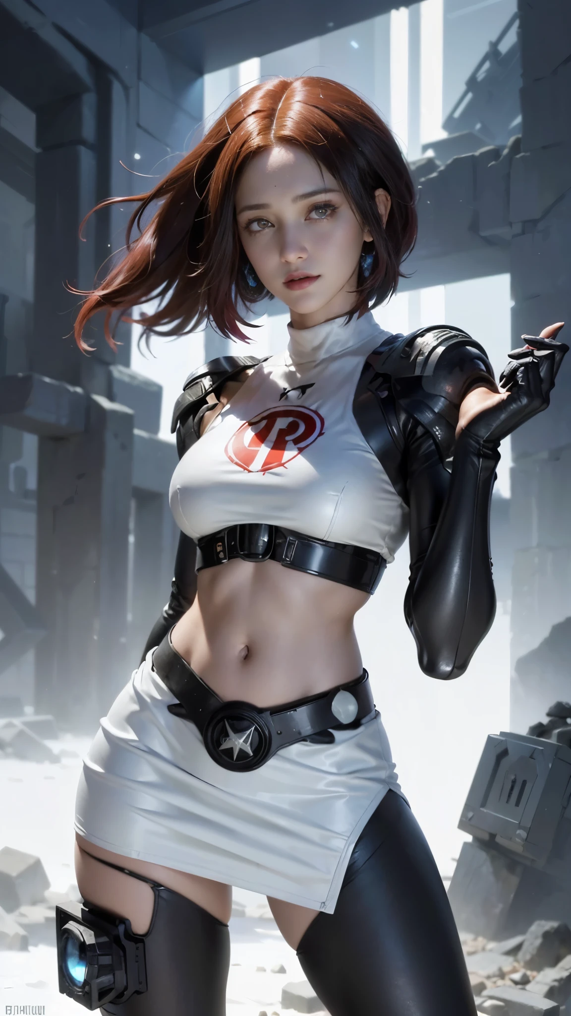 (La mejor calidad,A high resolution,Ultra - detallado,actual),team rocket,(cabello rojo corto :1.4), (team rocket uniform:1.4) , red letter R, (white skirt:1.4) ,(white crop top:1.4) ,black thigh-highs, (black elbow gloves:1.4) ,,(Fondo de ruinas de mazmorra en ruinas cyberpunk :1.4 ), (Team Rocket Uniform:1.4), (Team Rocket Uniform V2.1), More detailed 8K.motor irreal:1.4,UHD,La mejor calidad:1.4, fotorrealista:1.4, textura de la piel:1.4, obra maestra:1.8,obra-prima, mejor calidad,objeto Objeto], (detailed face features:1.3),(Las proporciones correctas),(Ojos hermosos azules),  (dynamic cowboy pose), (perfect anatomy :1.4), (colores brillantes), ,(Fondo de ruinas de mazmorra en ruinas piedras grandes cyberpunk :1.4 ), (cinematic lighting :1.4) 