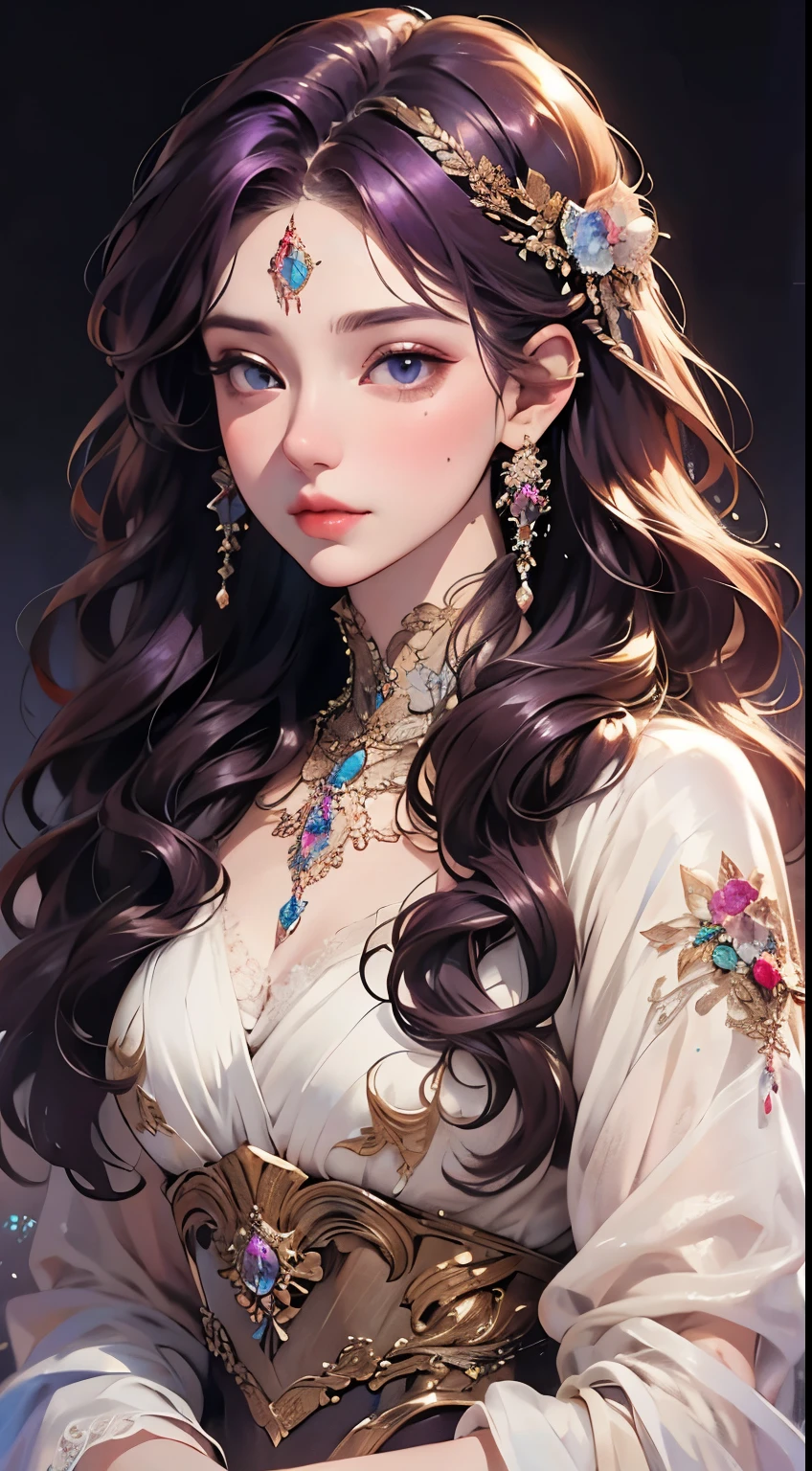 beautiful elegant woman, photorealistic, 8k, hyperdetailed, masterpiece, fantasy art, dreamlike background, 1 adult female, clean detailed face, beautiful warm brown eyes, shiny purple hair, lovely light blue dress with intricate embroidery, luxurious jewelry, mesmerizing detailed art