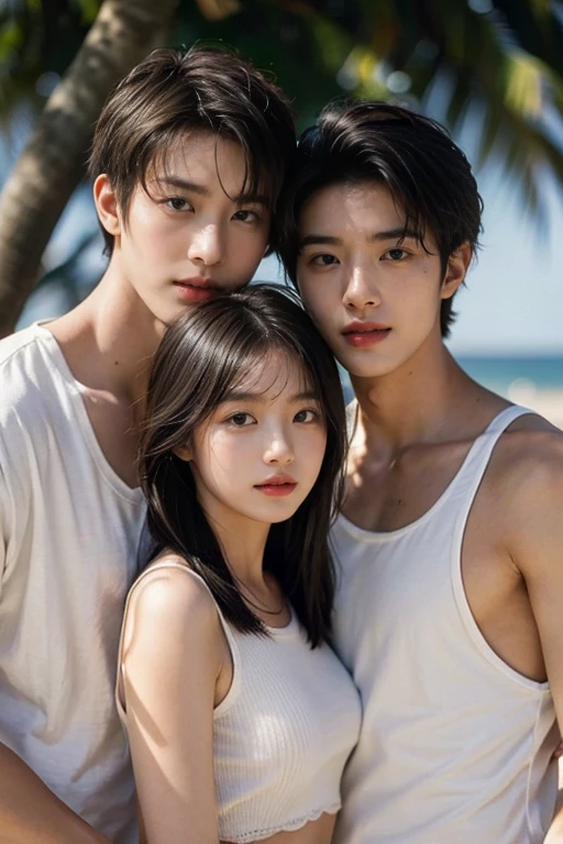 (man), (two young couples,same height,two college students,Different hairstyles), (28 years old), (By the beach), Film texture, Japanese movies,realism,real human, Beautiful light and shadow., blurred background, Long eyelashes,bare upper body,Wear white underwear. Double eyelids, handsome,youthfulness,refreshing,Asian people,I'm a shy person.,fashion ab,smile,Big eyes,round eyes,
