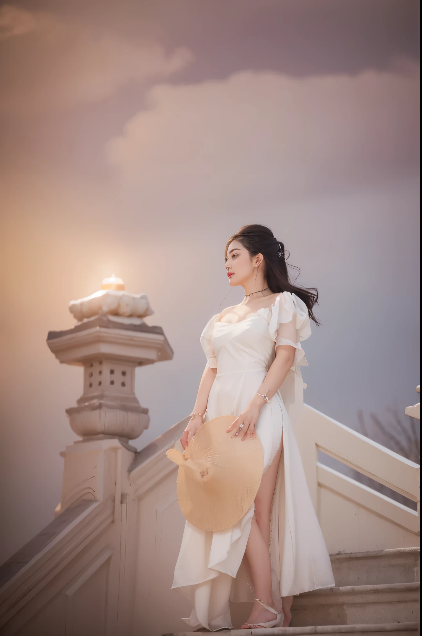 glowing, (masterpiece, best quality:1.2), 1 girl, alone, ((off-the-shoulder clothes)), ((night)), lantern, candlelight, In the depths of Wonderland,The moonlight falls like water,foggy room,The figure of the heroine is vaguely visible,Just like the fairy in the painting,Slender sexy legs,very nice legs,Show sexy legs,big breasts,Beautiful with a hint of mystery。Her face is beautiful and delicate,Like finely carved jade,Showing otherworldly beauty。The eyebrows are picturesque,The waves in my eyes are like twinkling stars,Show the light of perseverance and wisdom。The bridge of the nose is straight,Lip color like cherry,The slightly raised corners of the mouth reveal confidence and calmness。Her face is well defined,The skin is as fair as jade,Reveals a healthy glow,Just like fairies, She never eats fireworks in this world。Her makeup is light and delicate,Not too much embellishment,But enough to show her temperament and charm。Light-colored foundation brings out the transparency of the skin,A light eyebrow pencil outlines her perfect eyebrow shape,Eye makeup is eye shadow and eyeliner,Make her eyes brighter and more energetic。Lips painted with grace lipstick,Adds a bit of charm and sophistication。Her clothes are graceful and chic,Clothes fluttering,It seems like it will be blown up by the wind at any time,drifting into the distance。Without losing grace,Also showed off her extraordinary skills。Rocking with her movements。Her hair is tied back casually,Secure it with a hosta,A few strands of hair flutter gently in the wind,Adds a bit of softness。Her figure is looming in the fairyland,Like a big breastsbeautiful landscape,Attracted everyone's concern。She seems to be a fairy in wonderland,big breastsbeautiful、grace、mystery、and full of power。