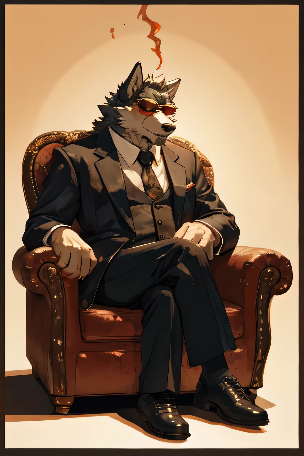 Wear sunglasses、An old anthro Wolf with a cigar and a mafia boss sitting in an armchair with crossed legs、Vintage Sepia Photography