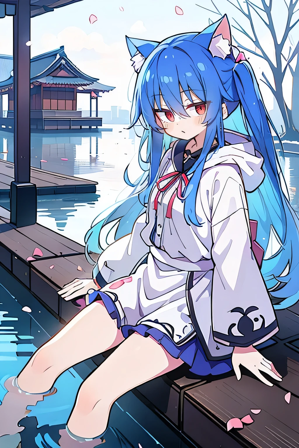 (masterpiece:1.2),Super detailed,lifelike,Expressive eyes,fair skin,perfect face shape,1 girl,
Japanese comics,Gorgeous blue hair,flowing blue hair,flowing clothes,Cat ears,Petals fall,beautiful lola,Baby Angel,
Shaking head with one hand,Cross your legs,Gentle and peaceful background,The pavilion is cool and comfortable,smile, wearing hoodie, background of tokyo,back views,snowing, winter,lie on the water.