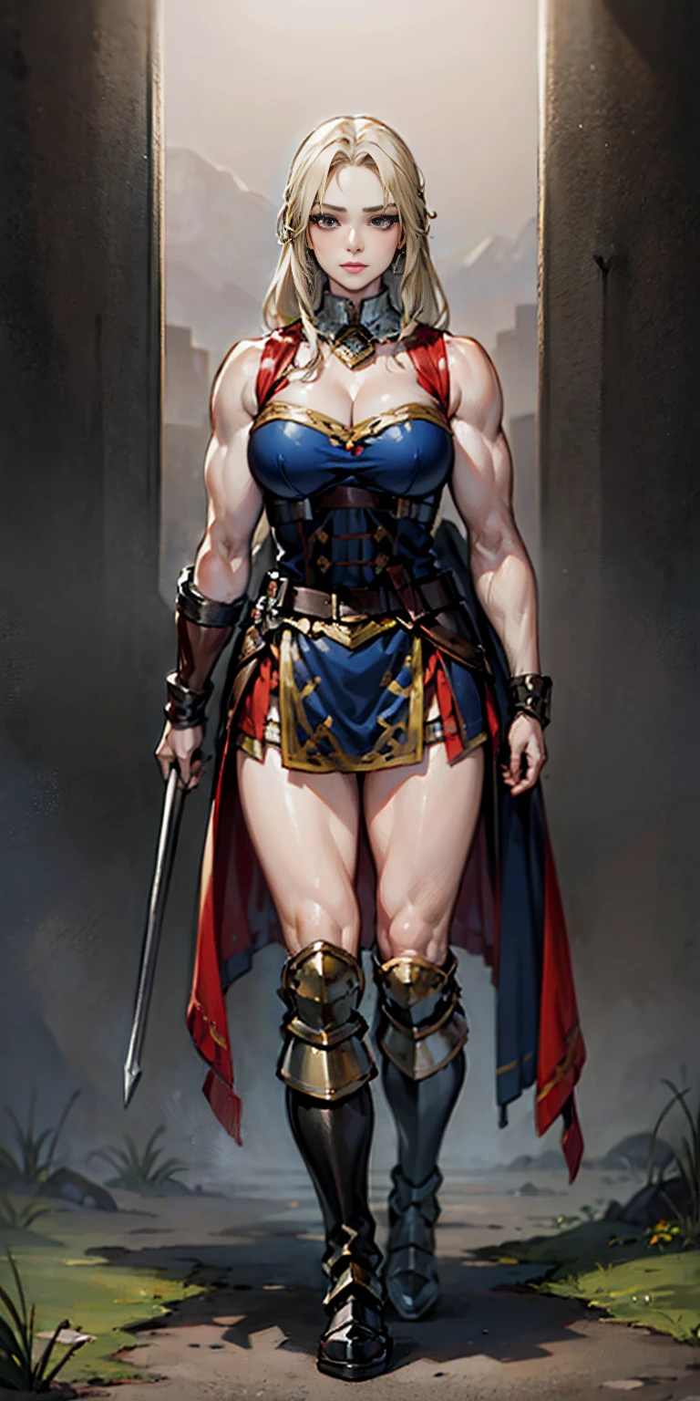 full body standing symmetrical beautiful woman, hyper realistic, 1girl, Asgard, Valkyrie, Lady Knight, correct anatomy, epic fantasy digital art, tmasterpiece, 8k, high definition resolution, detailed drawing, superior quality, epic composition, muscular body, muscular turned arms behind body