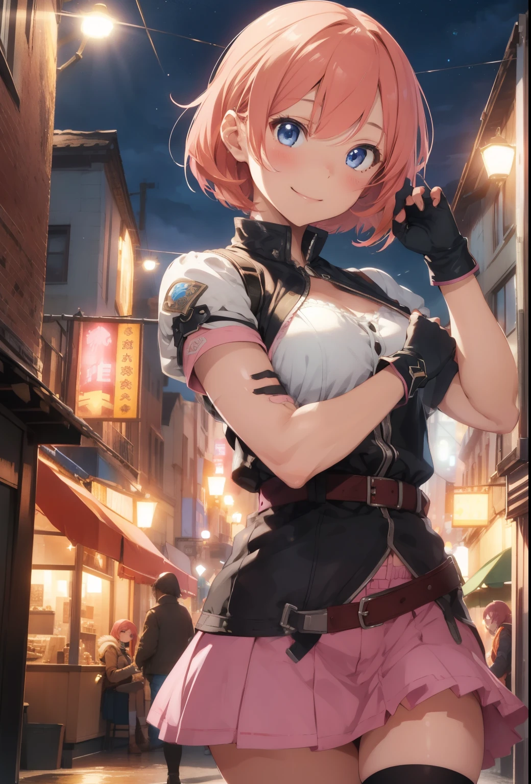 1girl,cowboy shot, beautiful nora_valkyrie, looking at viewer, smile, short hair, blue eyes,heart cutout, gloves, jacket, pink skirt, pink belt, short sleeves, puffy sleeves, single armband, fingerless gloves, orange hair, pink gloves, dynamic pose, night, outdoors, city, (volumetric lighting), best quality, masterpiece, intricate details, tonemapping, sharp focus, hyper detailed, trending on Artstation,