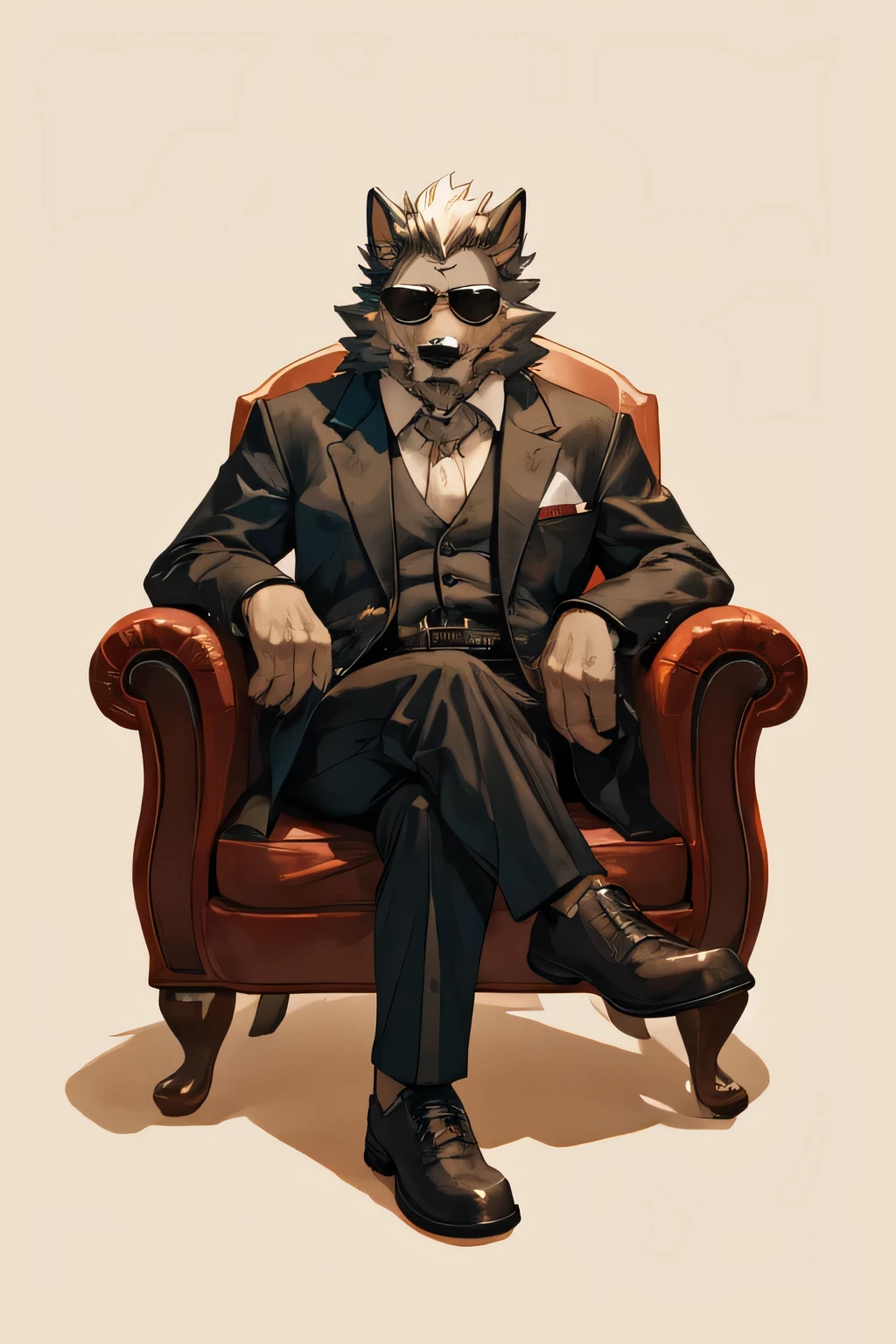 Wear sunglasses、An old anthro Wolf with a cigar and a mafia boss sitting in an armchair with crossed legs、Vintage Sepia Photography