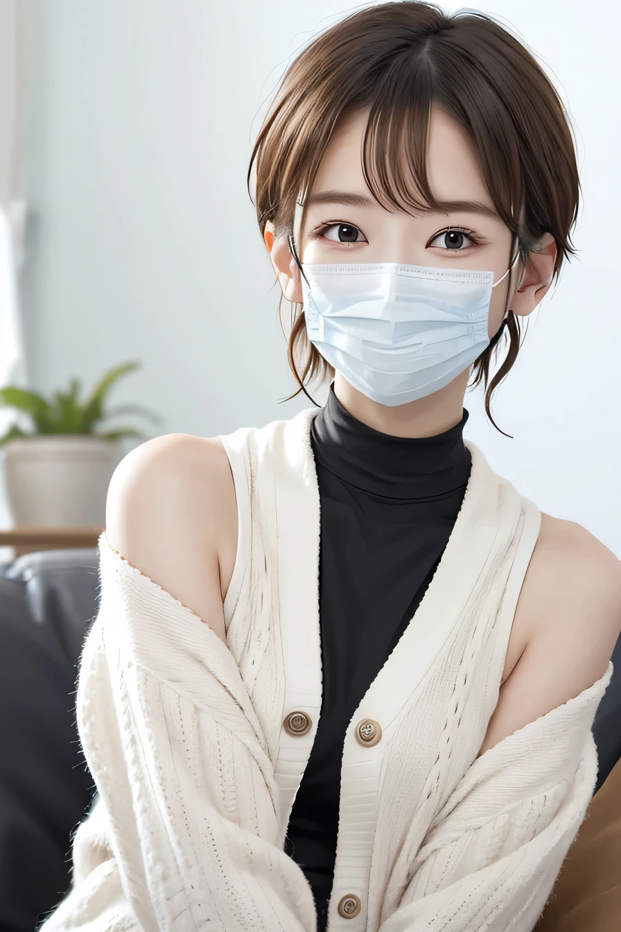 205 ((short hair)), 20-year-old female, In underwear、Put a cardigan over your shoulders、 A refreshing smile、Mask on mouth、Black Hair、ear piercing、Necklace around the neck、
