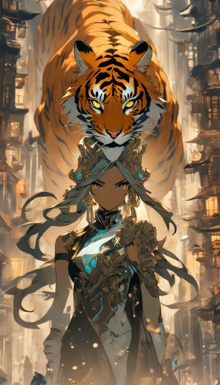Chinese ink style，Steampunk world，Tiger-shaped steampunk warframe girl，Jet steam is suspended in the city air，Ink animation art，Ink comic art，water ink，ink，Smudge，8K，Delicately portrayed，Works of masters，Black and white tones