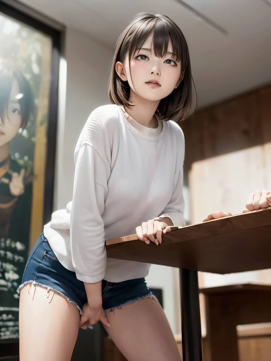 (depicting a single moment from a manga for adults), ((round face, eyes with realistic sizing, drooping eyes, blush, sweat, shame smile, thin lips, spread legs)), (((standing to hit her crotch on the corner of the table for self pleasure))), angle from below,