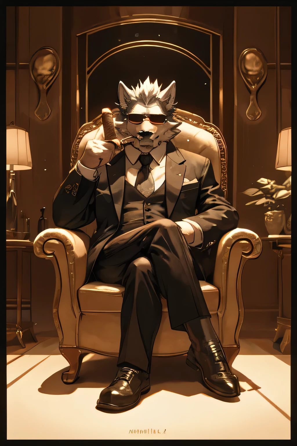 Wear sunglasses、An old anthro Wolf with a cigar and a mafia boss sitting in an armchair with crossed legs、Vintage Sepia Photography