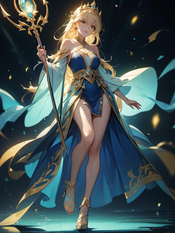 Design a layout showcase Gaming character, (1girl). Gold+Green clothes, royal and mystical, ((showcase weapon:1.4)), scepter, (masterpiece:1.2), (best quality), 4k, ultra-detailed, (Step by step design, layout art:1.5), (magical lighting, enchanted ambiance), queen, ((silk gloves)), (((revealing robes:1.3))), jeweled vambraces, high heels, (((full_body_shot:1.4)))