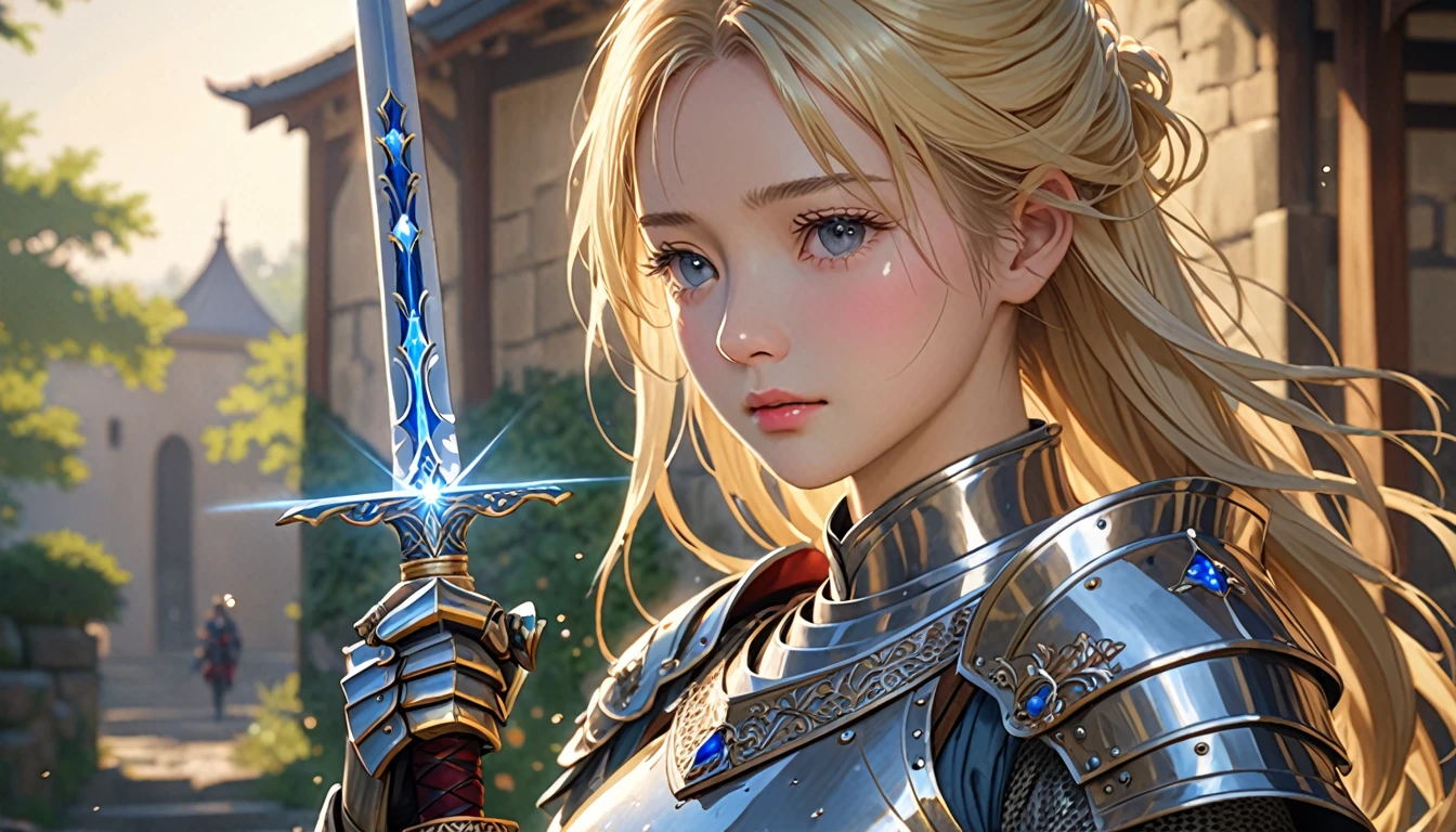 National Science Foundation,masterpiece,High resolution,8K,Art,digit,Three-dimensional,Realism,Facial details,Kyoto Animation Style,Your name style,looking into camera,Soft Light,Glowing skin,(1 female: 1.3),(alone: 1.4),(((Long blonde hair))),(medieval female knight),(Ornate medieval armor),(Holding a jeweled sword in his hand),Long eyelashes,Slender legs,Close-up of upper body,Close-up,(On the battlefield filled with smoke),(Eyes that sparkle like sapphires),(lovely and delicate),(Pitiful),(cry),(shed tears),(((sadness)))