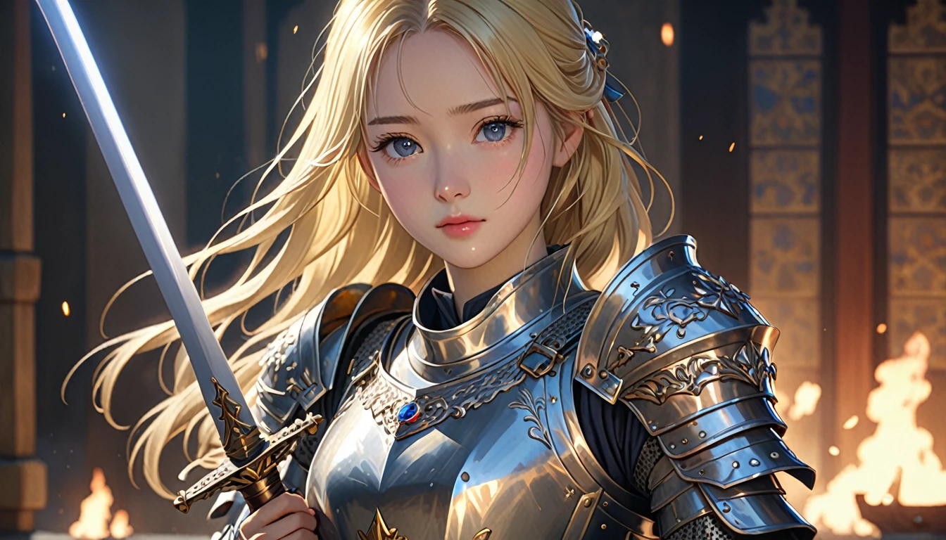National Science Foundation,masterpiece,High resolution,8K,Art,digit,Three-dimensional,Realism,Facial details,Kyoto Animation Style,Your name style,looking into camera,Soft Light,Glowing skin,(1 female: 1.3),(alone: 1.4),(((Long blonde hair))),(medieval female knight),(Ornate medieval armor),(Holding a jeweled sword in his hand),Long eyelashes,Slender legs,Close-up of upper body,Close-up,(On the battlefield filled with smoke),(Eyes that sparkle like sapphires),(lovely and delicate),(Pitiful),(cry),(shed tears),(((sadness)))
