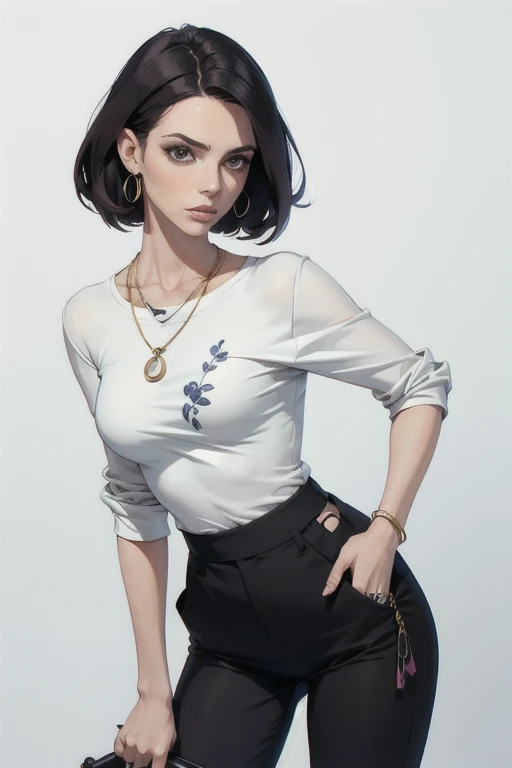 maquiagem, cabelo cacheado Crespo: cabelos crespos, Lips are soft or colored, fundo preto simples, minimalismo, monotonous, paletas de cores vivas, limpo, Crisp drawings, silhuetas fluidas, camisas e blusas, asymmetric, Geometric, Simple and minimalist accessories, Designs diferentes, silhuetas simples, estilo de rua, moda urbana, fundo liso, simple lighting, moda moda urbana, folha de modelo, dynamic pose
