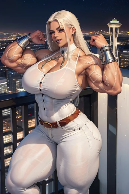 ((((Massive, beautiful, buff, light brown skinned, muscular woman with white hair, black lipstick, ginormous bulky muscles and wearing a beautiful white unbuttoned blouse with white denim pants)))), (close view), leather pants, massive muscles, massive biceps, hyper muscle triceps, (long straight hair), white denim pants, (chain belt), blue eyes, (chained gauntlets), high heels boots, (on top of the Seattle space needle), night, smug smile, hyper muscles arms, hyper muscle legs, massive arms.