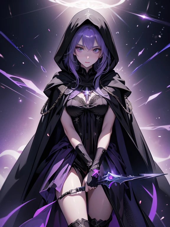 Design a layout showcase Gaming character, (1girl). Purple+Black clothes, mysterious and enchanting, ((showcase weapon:1.4)), enchanted orb, (masterpiece:1.2), (best quality), 4k, ultra-detailed, (Step by step design, layout art:1.5), (dim lighting, mystical glow), sorceress, ((lace gloves)), (((revealing cloak:1.3))), enchanted bracers, lace-up boots, (((full_body_shot:1.4)))