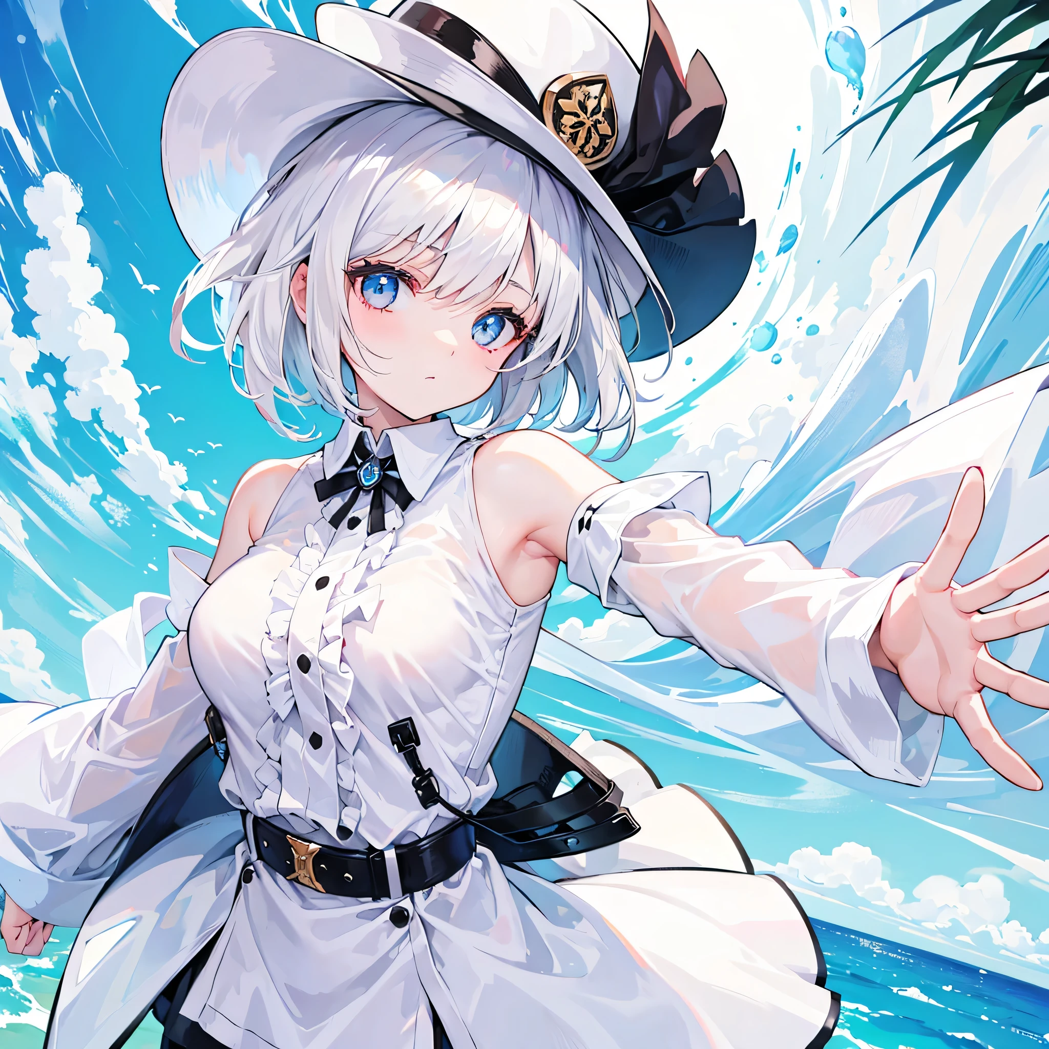 girl,white short hair,white shirt,ultrasharp,masterpiece,hat