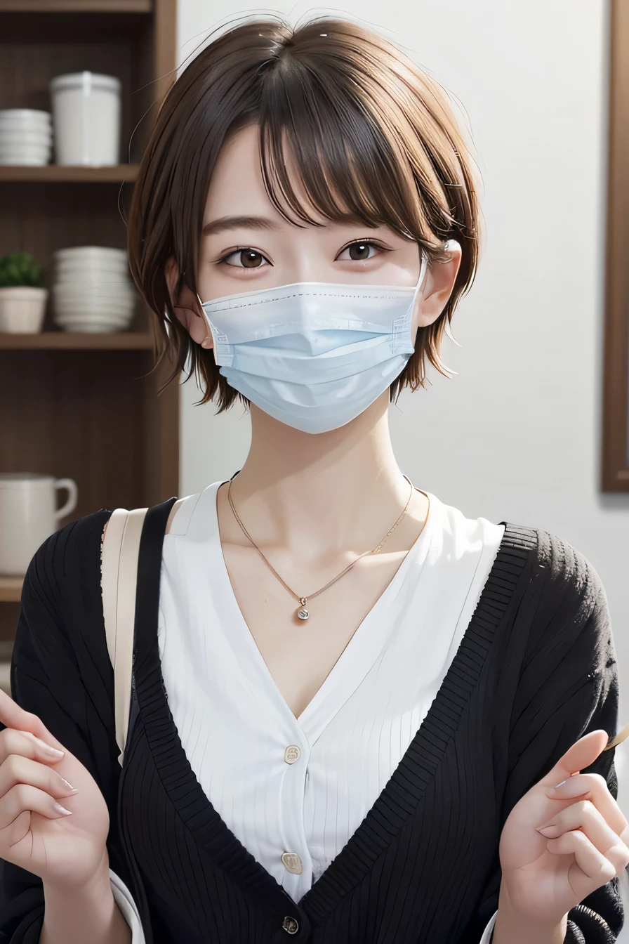 205 ((short hair)), 20-year-old female, In underwear、Put a cardigan over your shoulders、 A refreshing smile、Mask on mouth、Black Hair、ear piercing、Necklace around the neck、